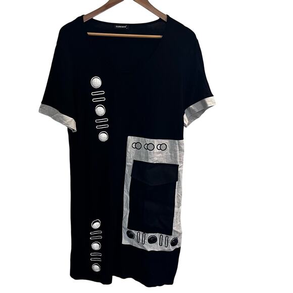 Darkwin Black Artsy Dress Size L Buttons Patchwork Lagenlook Mix Media Pocket - Picture 1 of 7